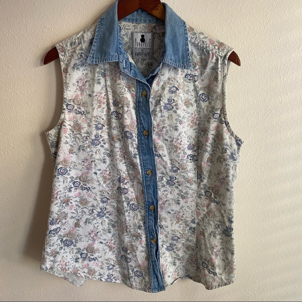 Vintage Denim Pastel Floral Printed Sleeveless Shirt Krazy Kat Purrfect 90’s - Picture 8 of 10